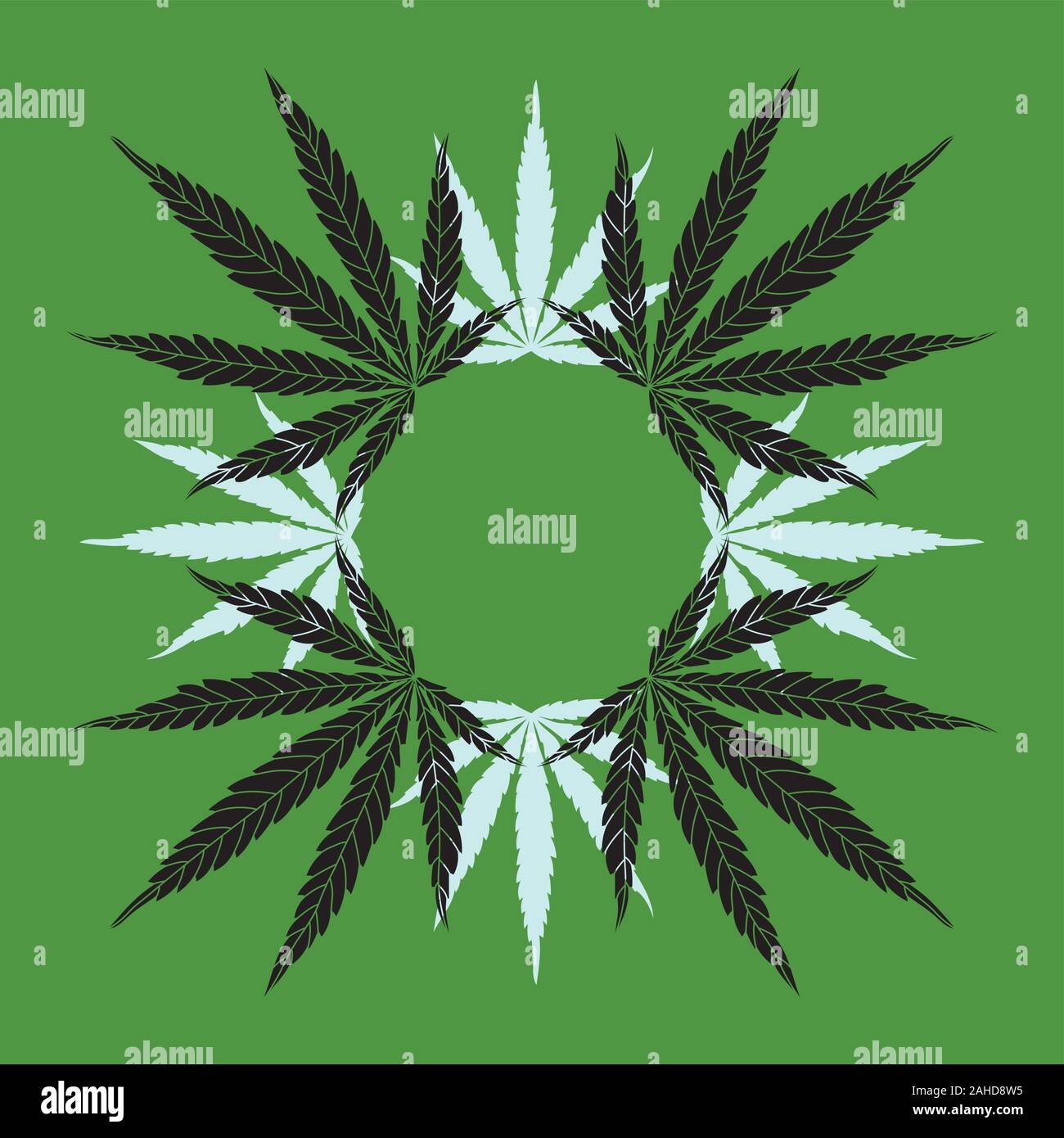 Hemp Leaf Mandala Wreath on Green Background. Vector Line Cannabis Leaves Drawing and Silhouettes Stock Vector