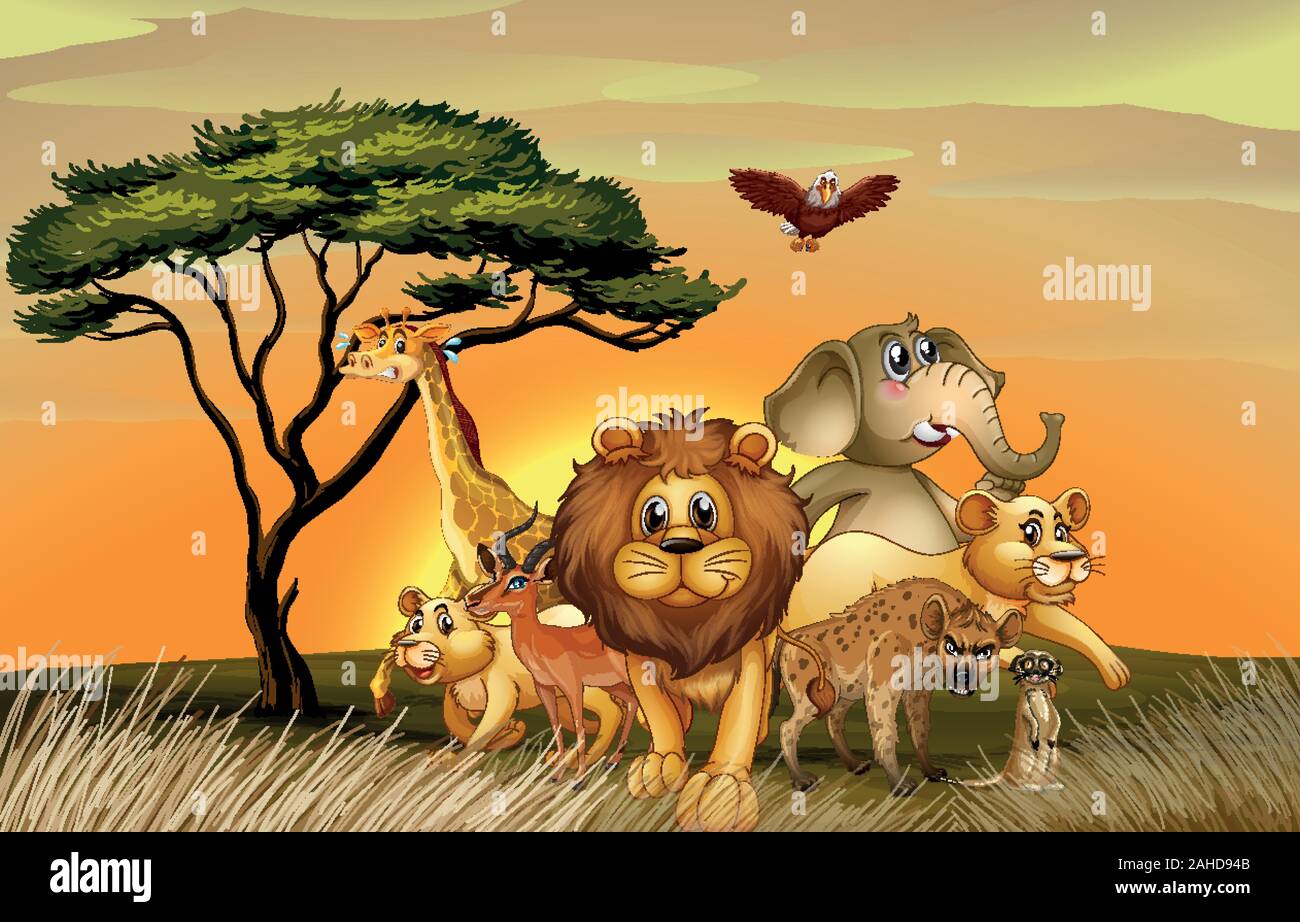 Many wild animals in savanna field illustration Stock Vector Image ...