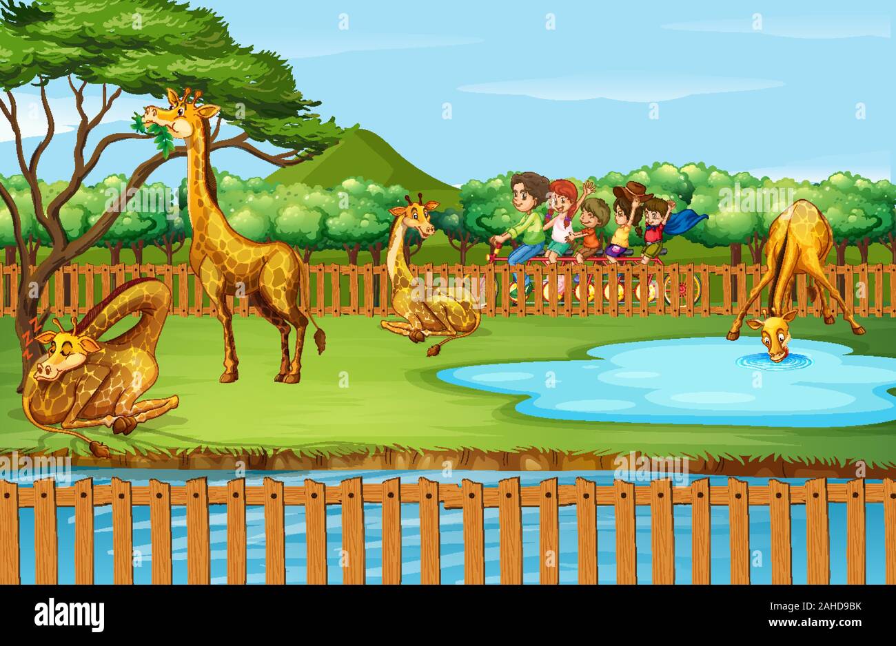 Scene with giraffes and people at the zoo illustration Stock Vector