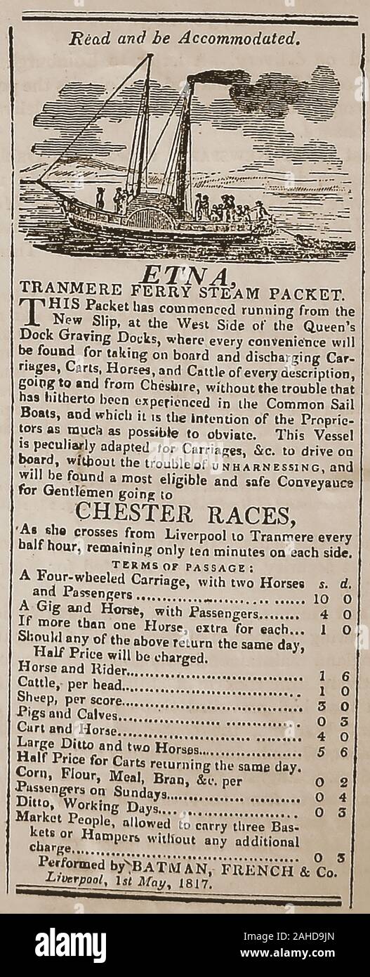 LIVERPOOL TO TRANMERE FERRY ,OPERATED BY FRENCH, BATMAN & Co OF LIVERPOOL. -     Advertisement from The Liverpool Mercury  May 2nd 1817 for the ETNA Tranmere Ferry Steam Packet that ran from  Queens Dock Graving Docks to Cheshire (and Chester Races), carrying farm animals and carriages / carts of every description. Stock Photo