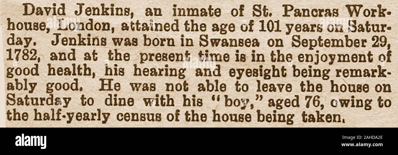 1883 newspaper clipping - 101st birthday of Swansea born David Jenkins of St Pancras Workhouse, London and his 'boy' aged 76, noted in the 1881 census of Britain Stock Photo