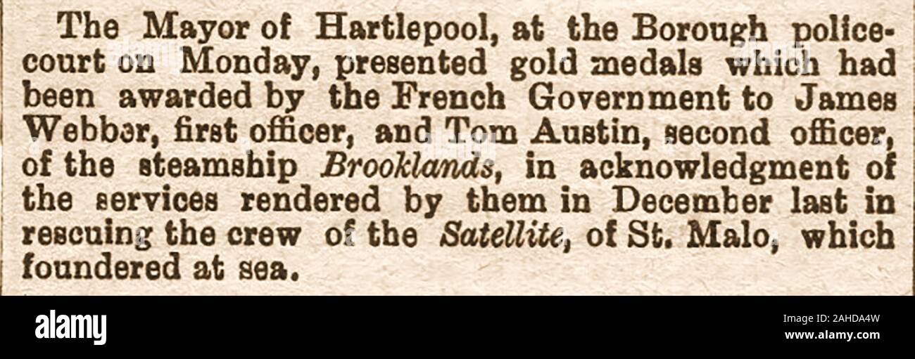 1883 newspaper clipping - Report of presentation of medals at Hartlepool, UK, by the French Government to James Webber & Tom Austin of the steamship BROOKLANDS for services to the SATELLITE of St Malo when it was wrecked at sea in the previous December. Stock Photo