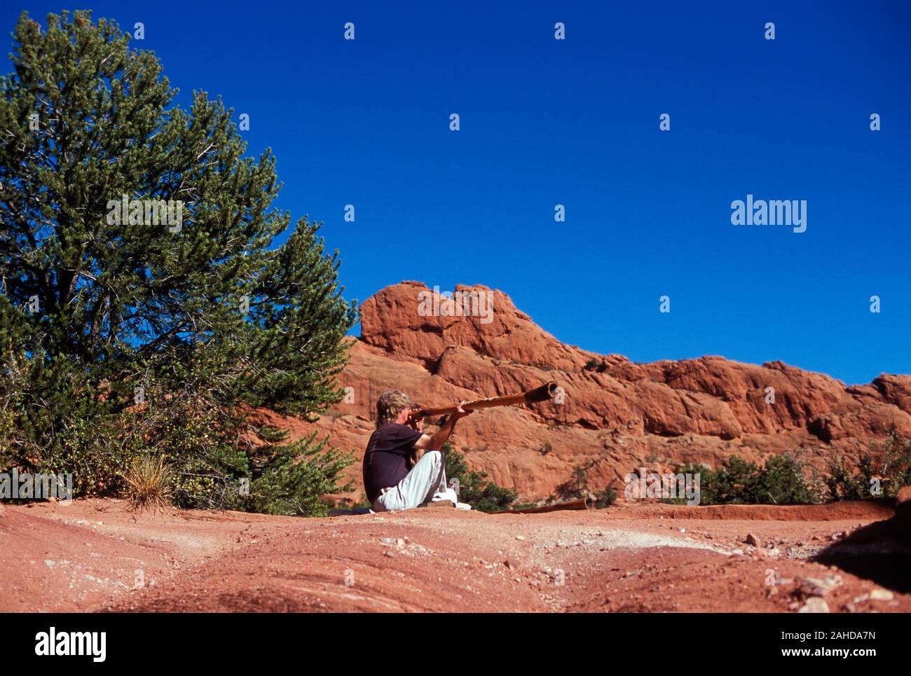 Digideroo Player, Sleeping Giant, Garden of the Gods, Manitou Springs, Colorado Stock Photo