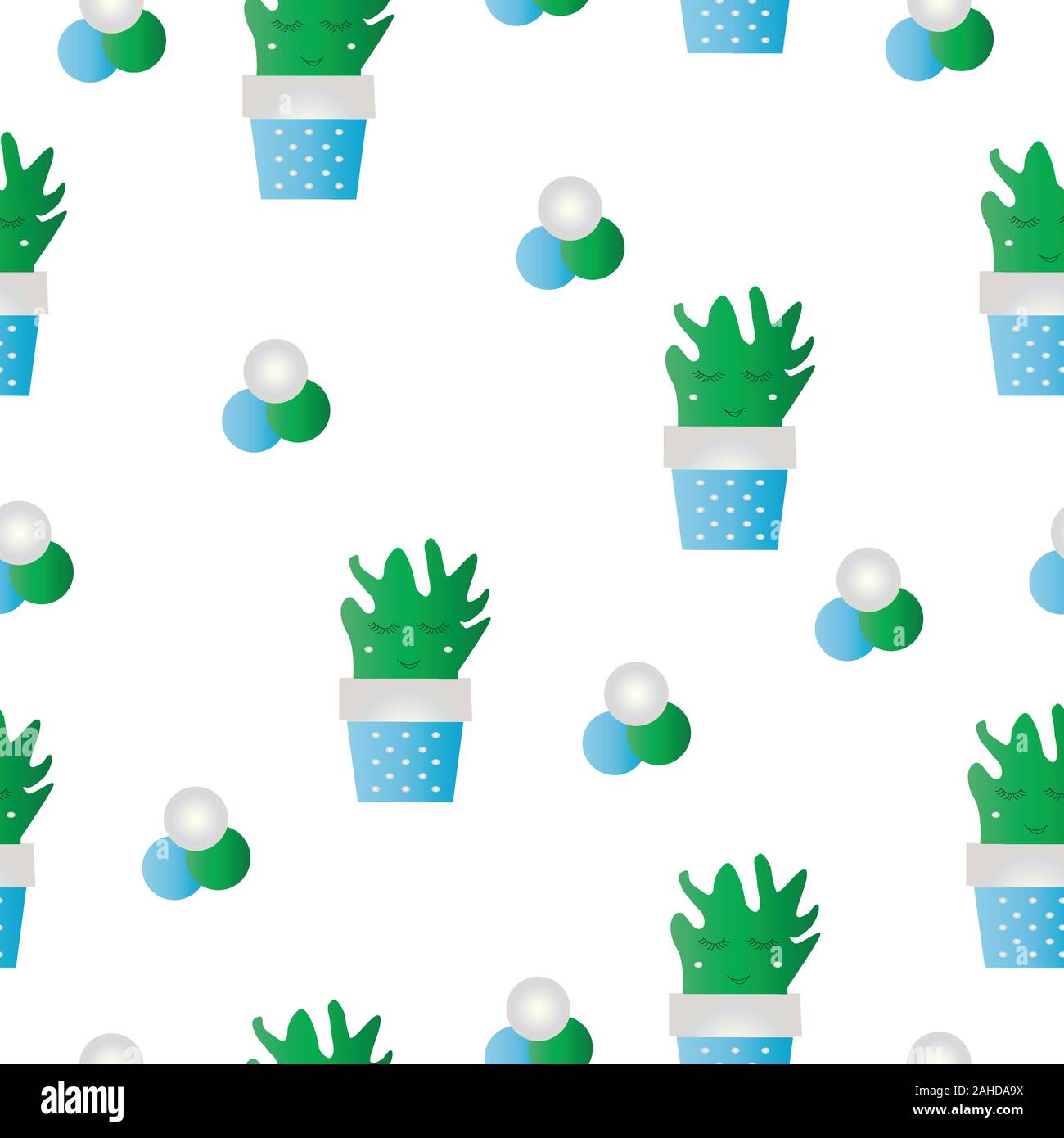 seamless pattern vector - blue flower pots with cactus flowers Stock Vector