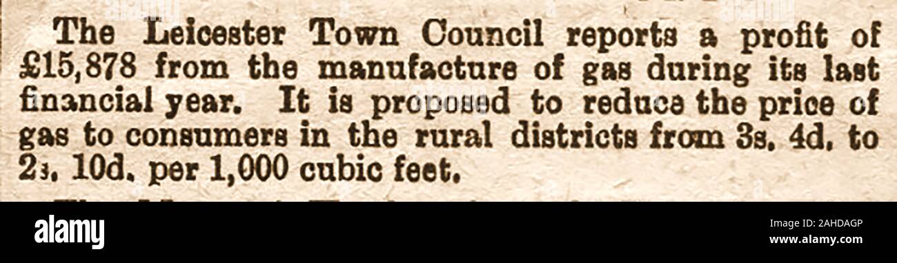 1883 newspaper clipping - Leicester  Town Council  gas supply -profit given back to consumers. Stock Photo