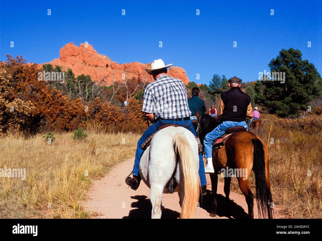 Horseback Riding, Sleeping GIant, Garden of the Gods, Manitou Springs, Colorado Stock Photo