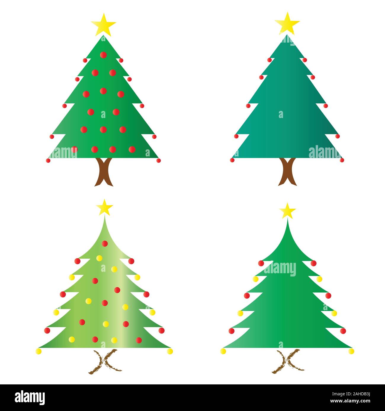Christmas trees vector set with decorative balls and star on white ...
