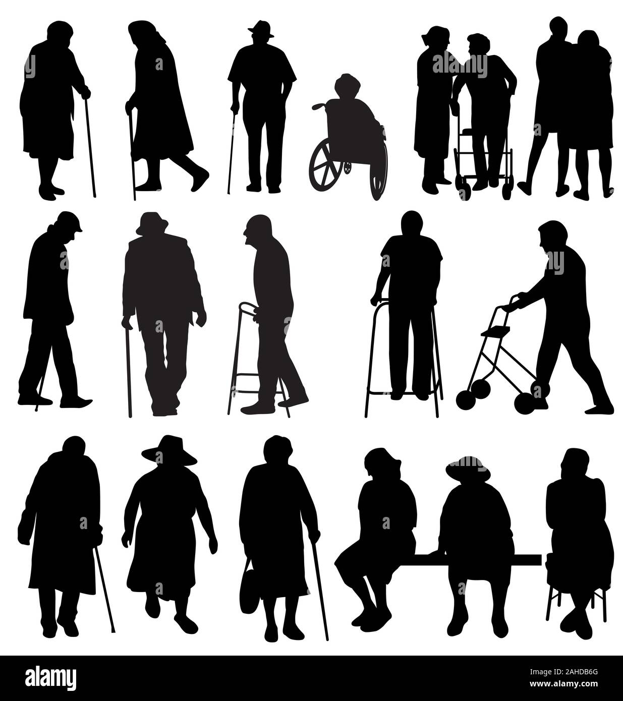 large silhouettes set of old people Stock Vector