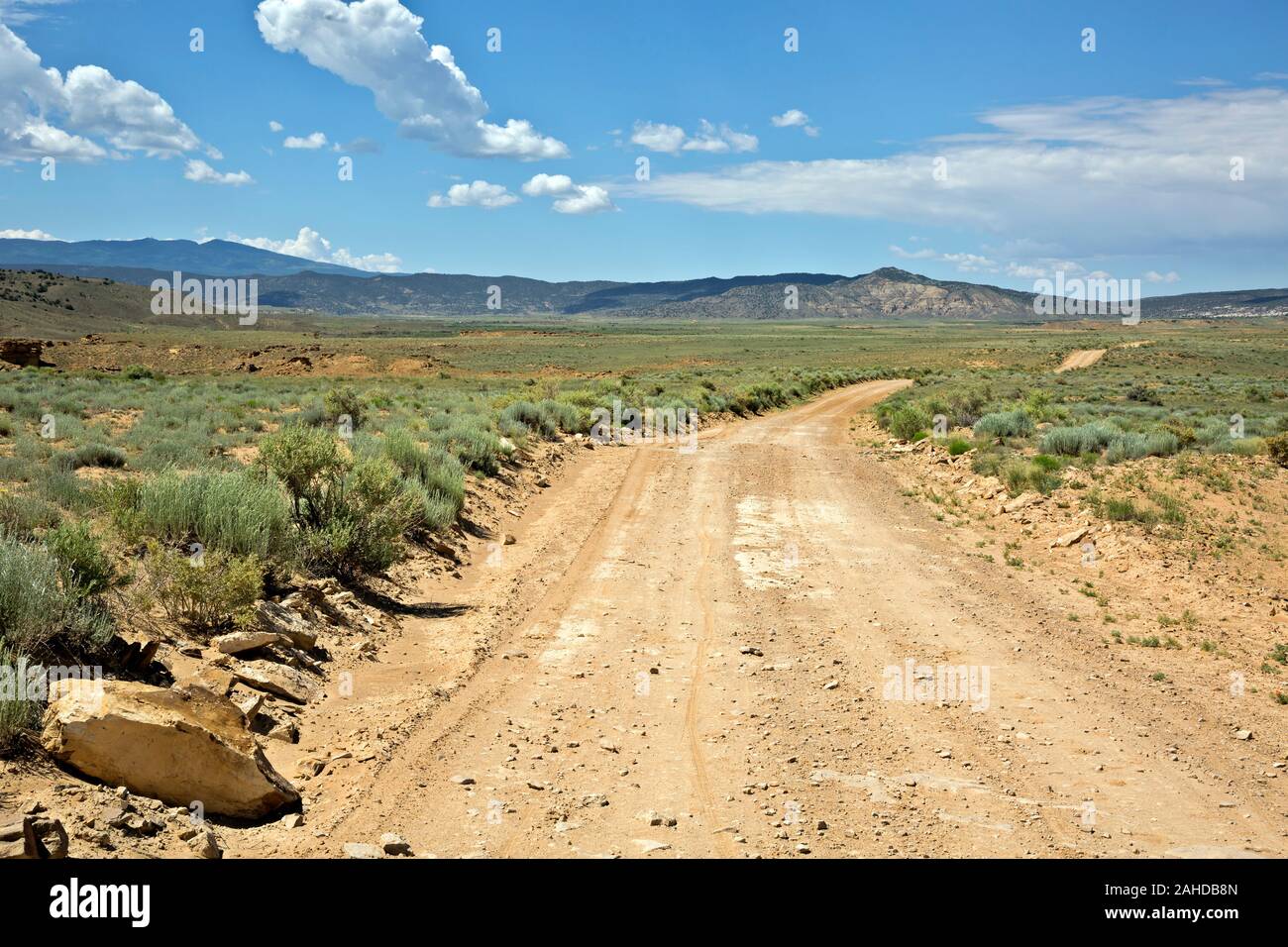 NM00221-00...NEW MEXICO - Road over the dry, highland prairies followed by riders on the Great Divide Mountain Bike Route. Stock Photo