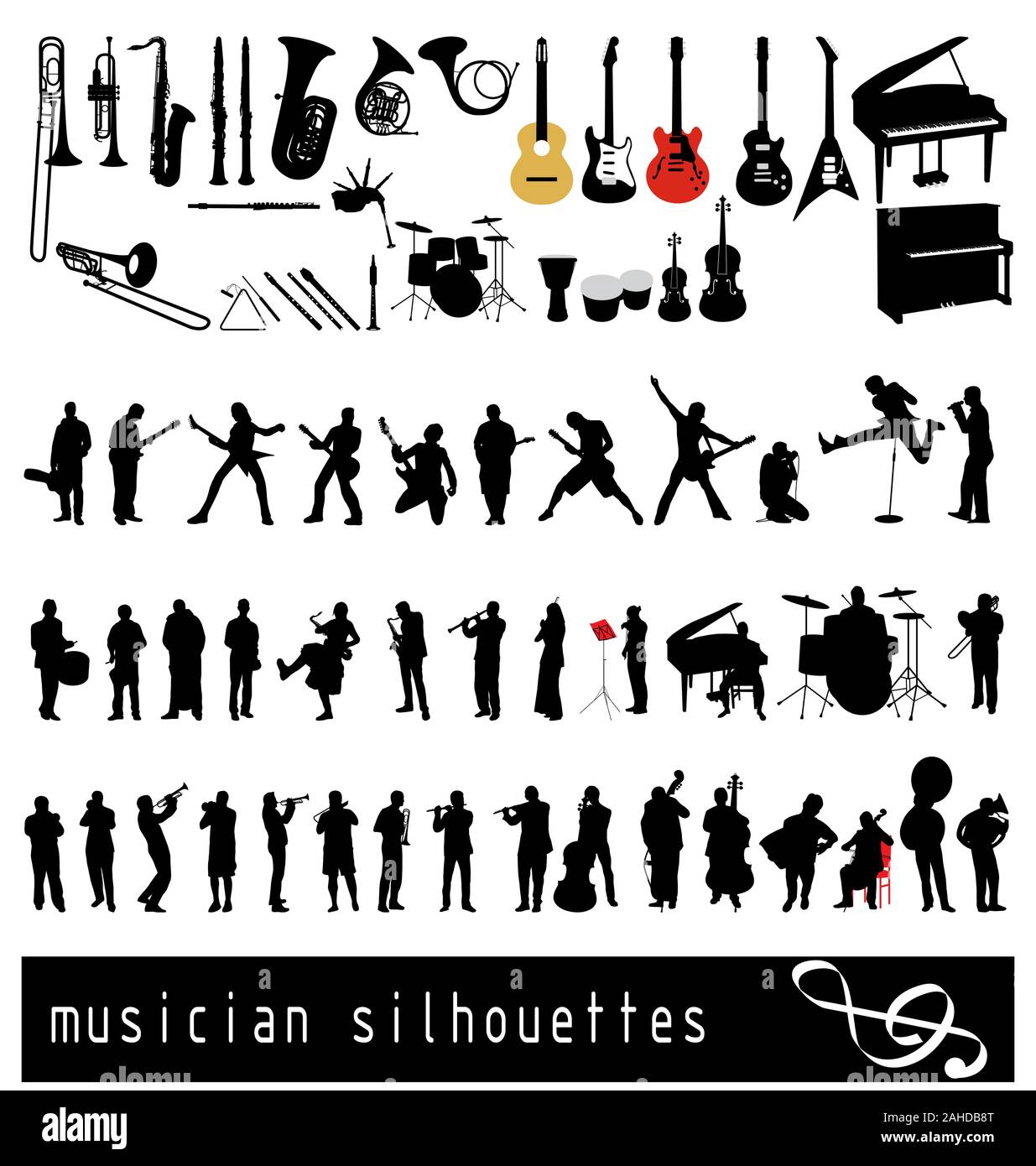 large vector set of different musician silhouettes Stock Vector