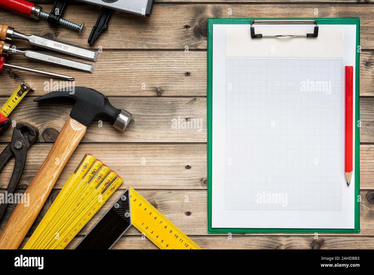 Top View To The Carpenter S Tools And Notebook For Notes On An
