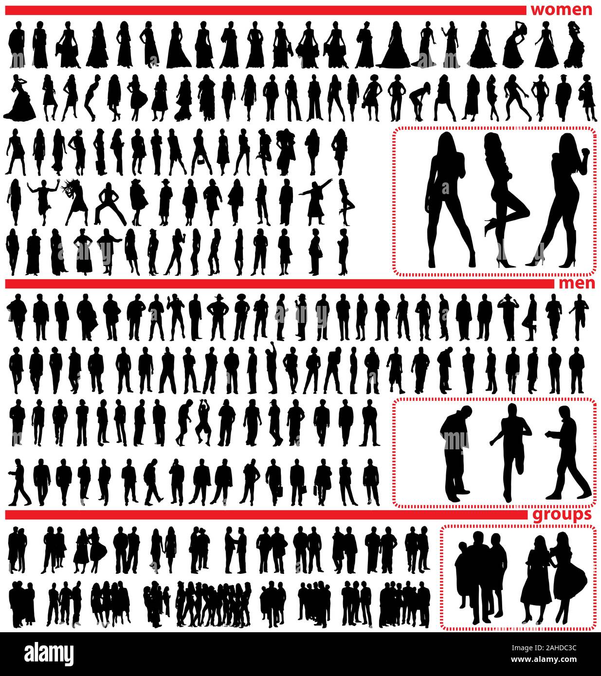 very large people silhouettes set - man woman and groups Stock Vector