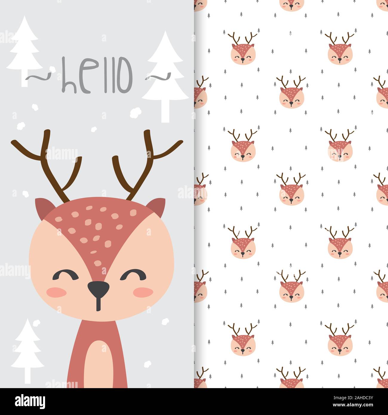 Hand drawn illustration of Cute deer with seamless pattern in the white background Stock Vector