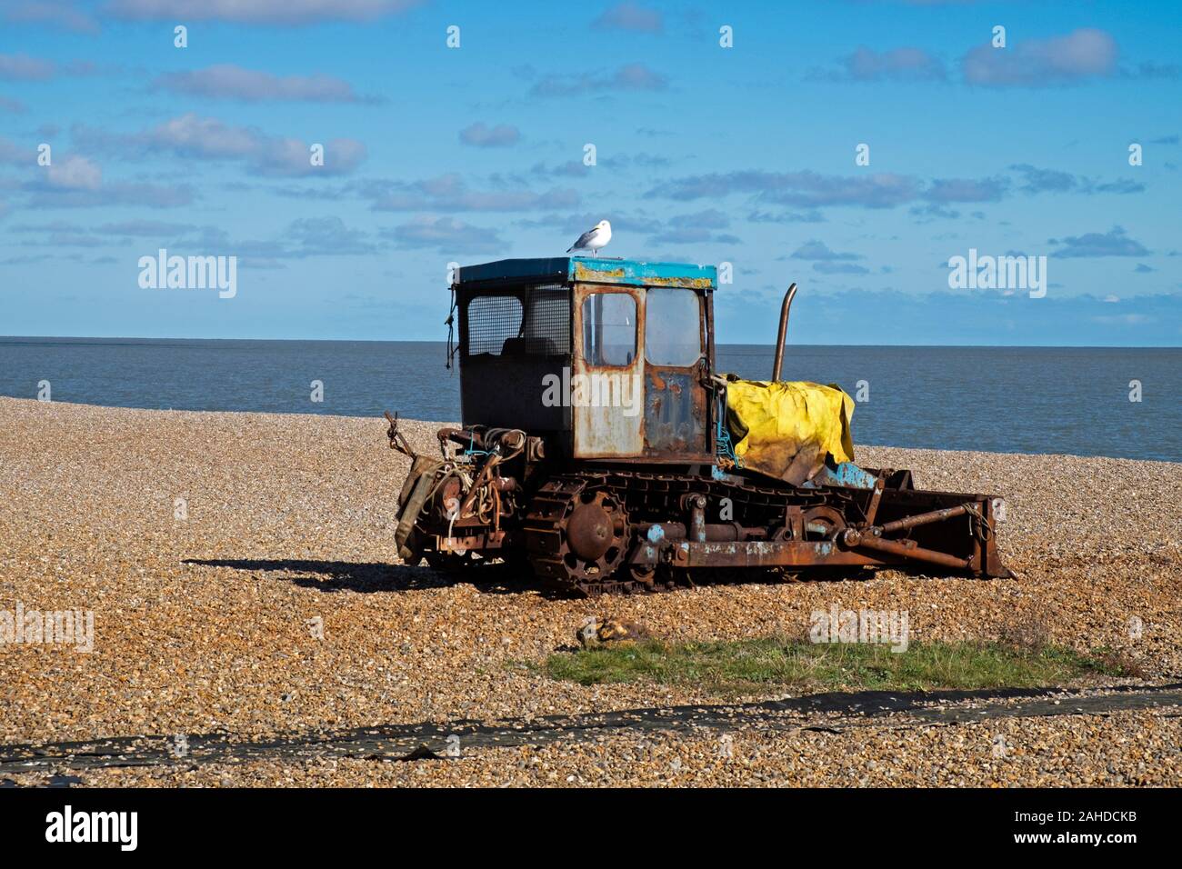 Caterpillar used in the fishing industry Aldeburgh Suffolk UK Stock Photo