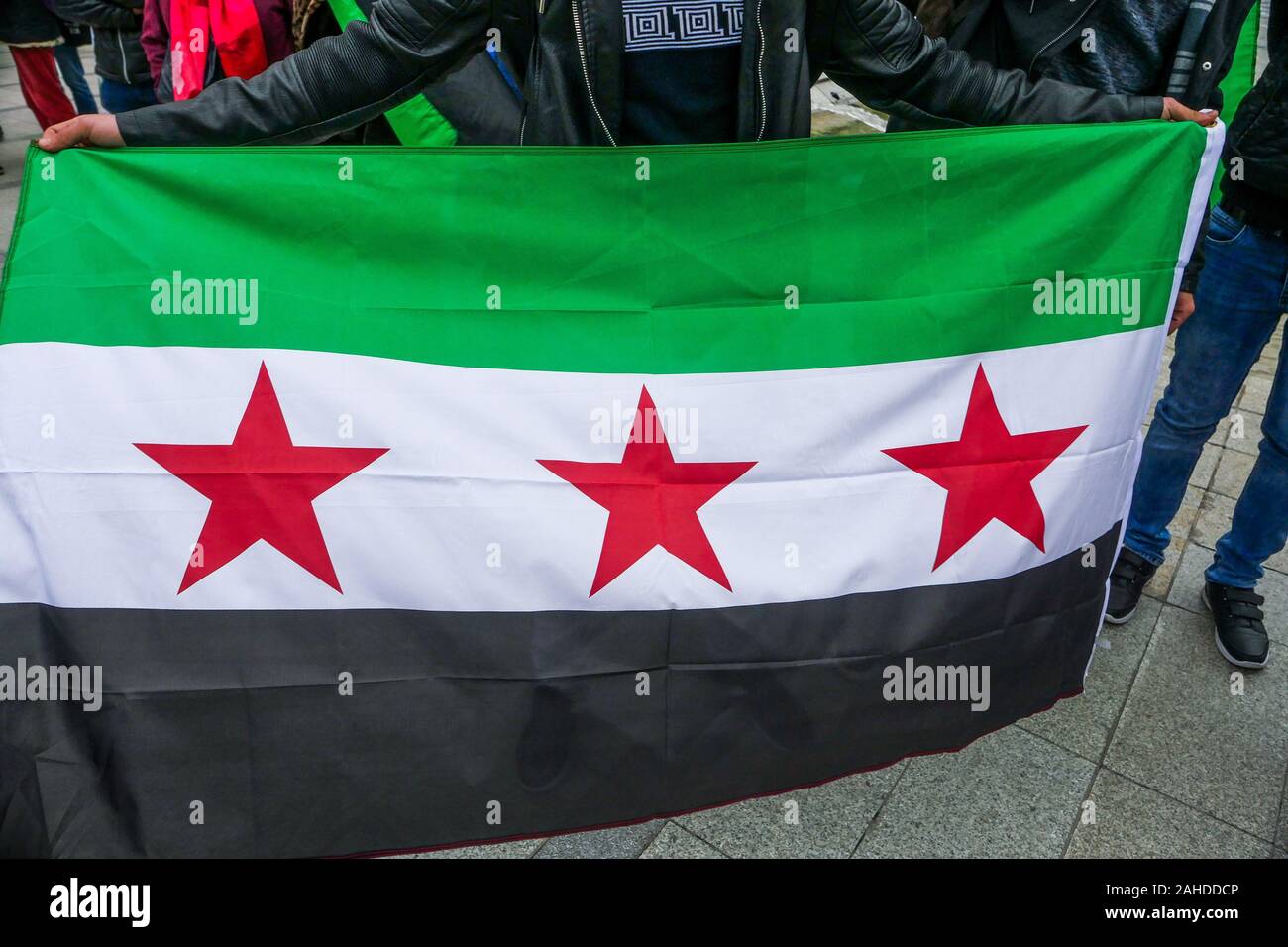 Syrian diaspora protests against Syrian Governmental and Russian bombing of Idleeb, Lyon, France Stock Photo