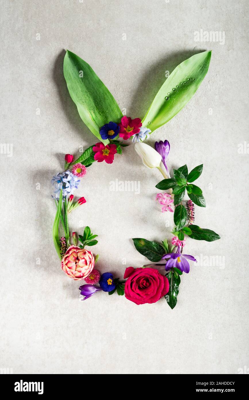 Easter minimal concept. Egg shape with bunny ears made from spring ...