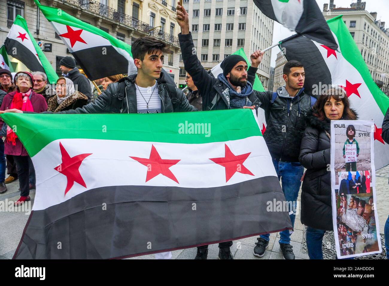 Syrian diaspora protests against Syrian Governmental and Russian bombing of Idleeb, Lyon, France Stock Photo