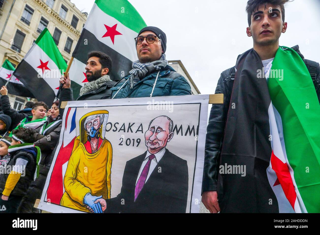 Syrian diaspora protests against Syrian Governmental and Russian bombing of Idleeb, Lyon, France Stock Photo