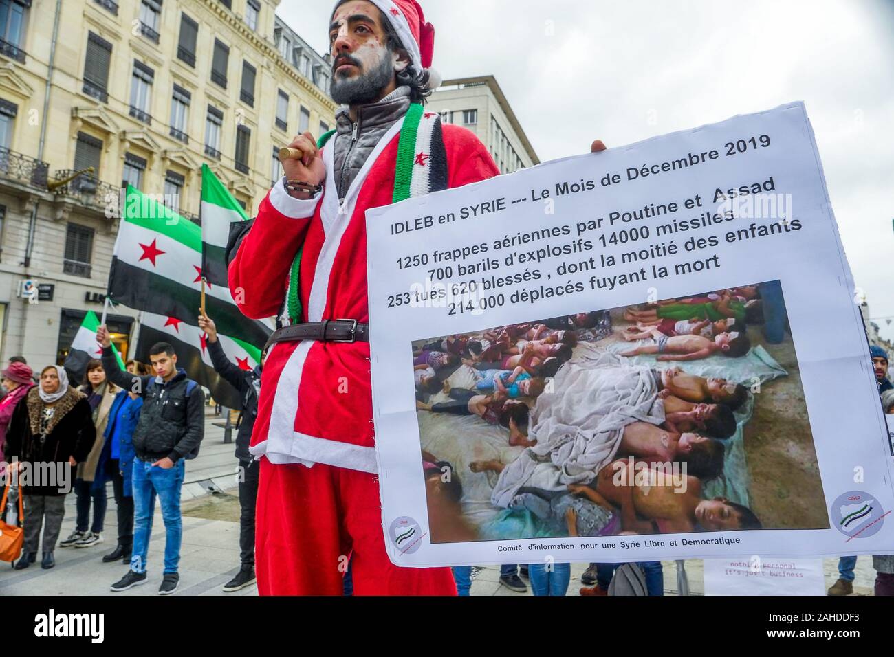 Syrian diaspora protests against Syrian Governmental and Russian bombing of Idleeb, Lyon, France Stock Photo