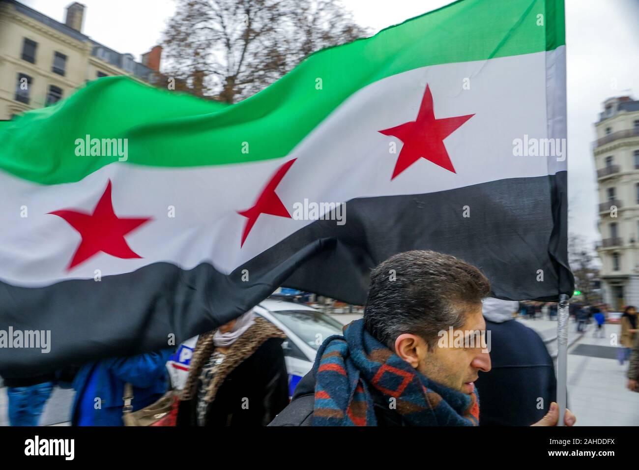 Syrian diaspora protests against Syrian Governmental and Russian bombing of Idleeb, Lyon, France Stock Photo