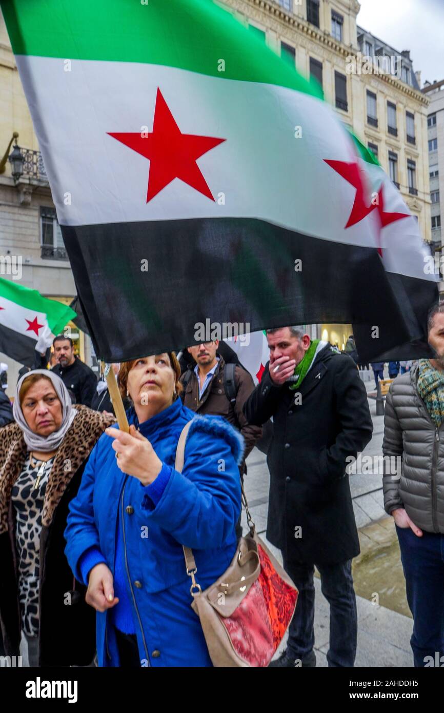 Syrian diaspora protests against Syrian Governmental and Russian bombing of Idleeb, Lyon, France Stock Photo