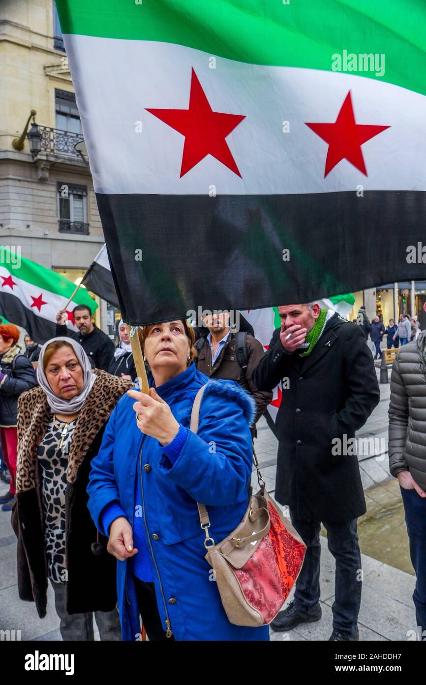 Syrian diaspora protests against Syrian Governmental and Russian bombing of Idleeb, Lyon, France Stock Photo