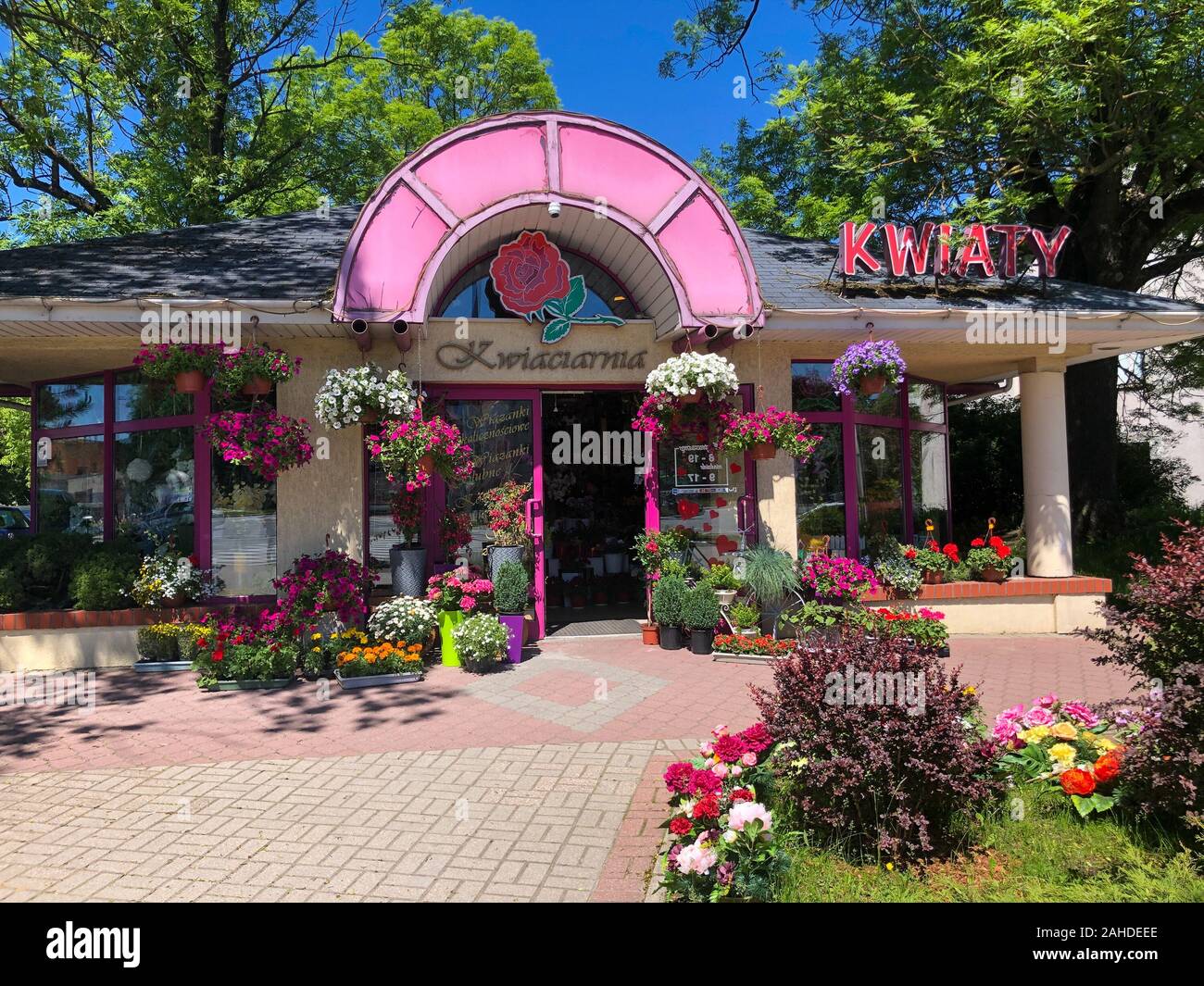 Street flower shop exterior at sunny day time Stock Photo Alamy