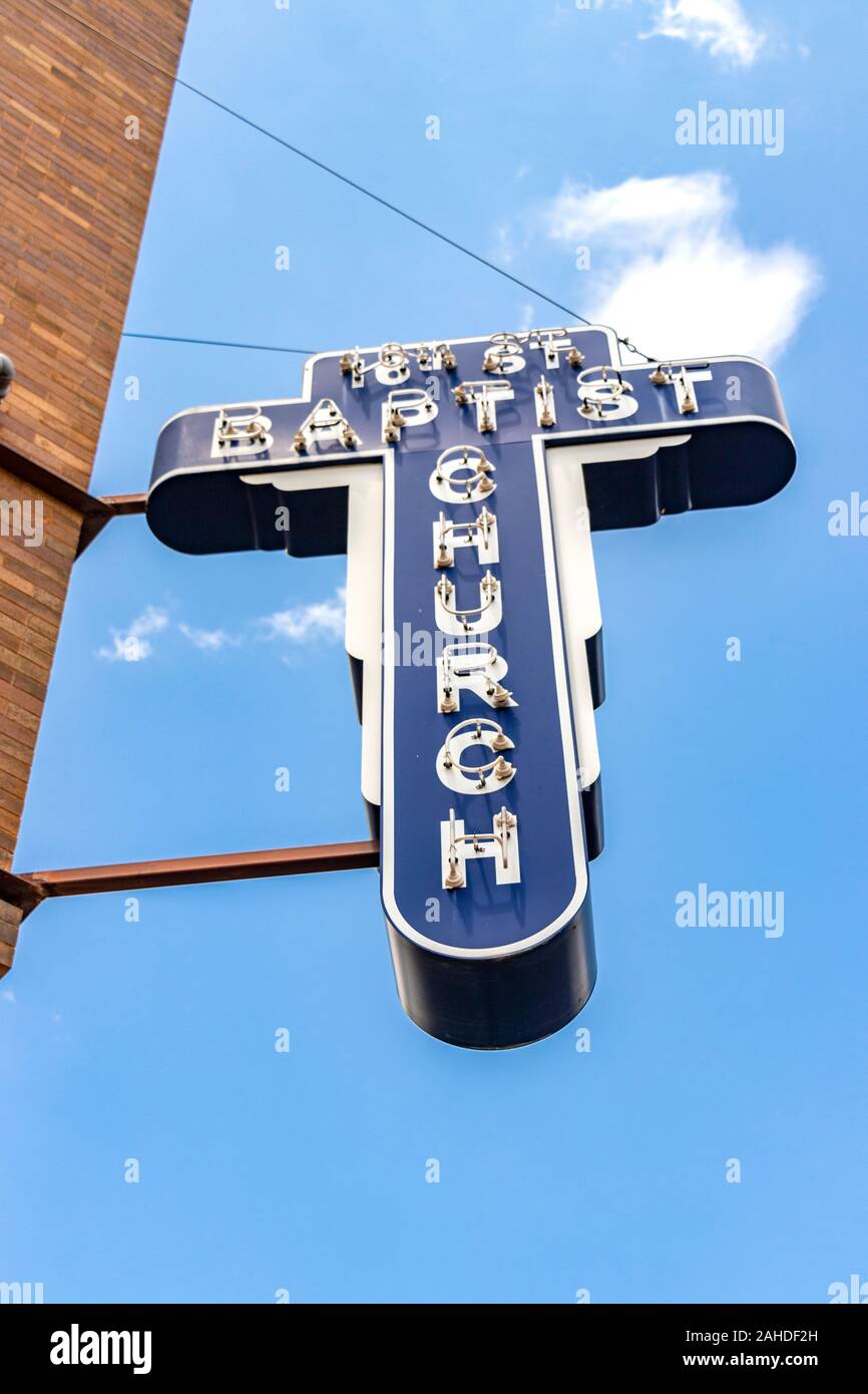 neon sign outside the 16th street baptist church where Martin Luther
