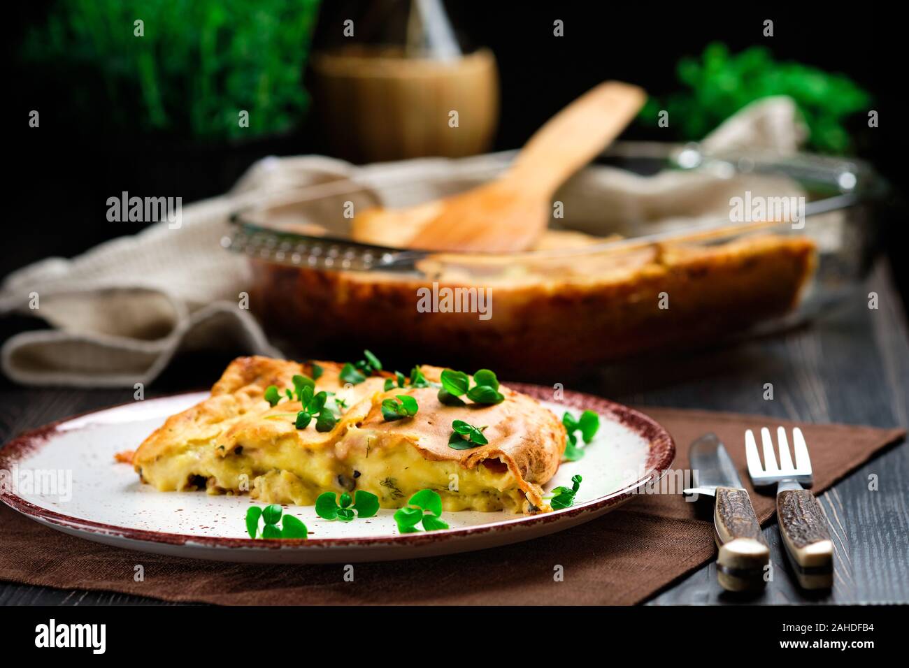 Mashed Potato Casserole baked in oven Stock Photo
