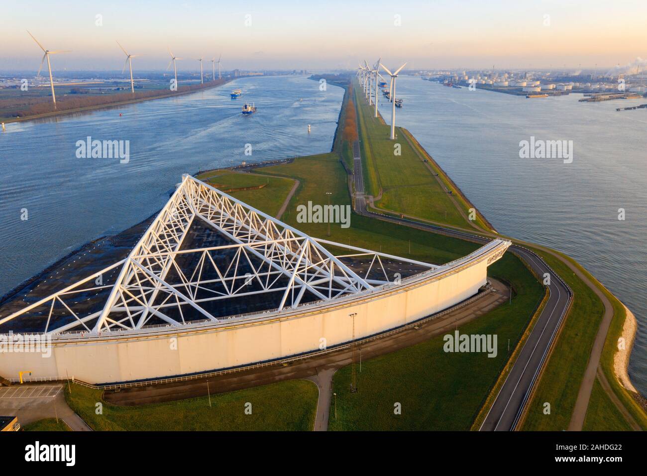 aerial view of Maeslandtkering -  Rotterdam Zuyid-holland is a impressive storm surge barrier. The Maeslantkering is a storm surge barrier on the imag Stock Photo