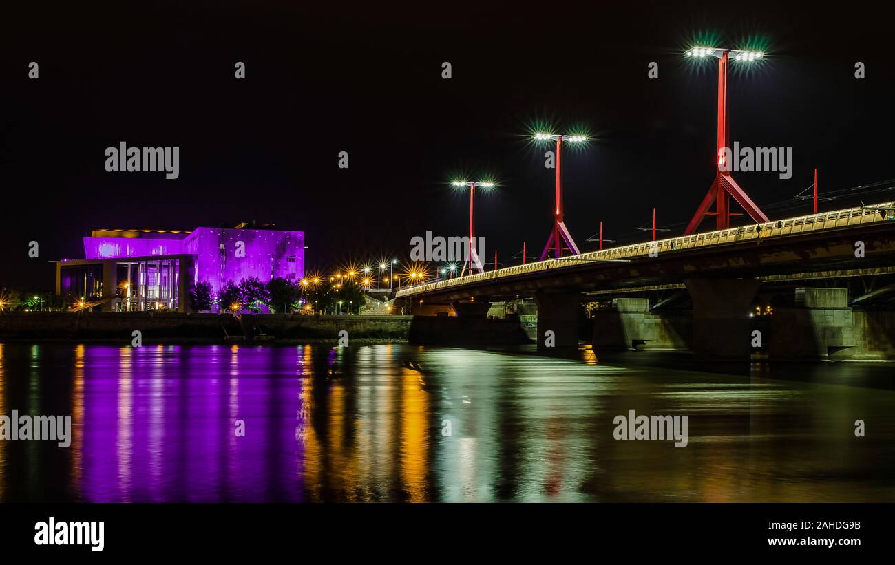Europe, Hungary, Budapest, Rakoczi Bridge and MUPA The Purple modern building is the Palace of arts in Budapest Stock Photo