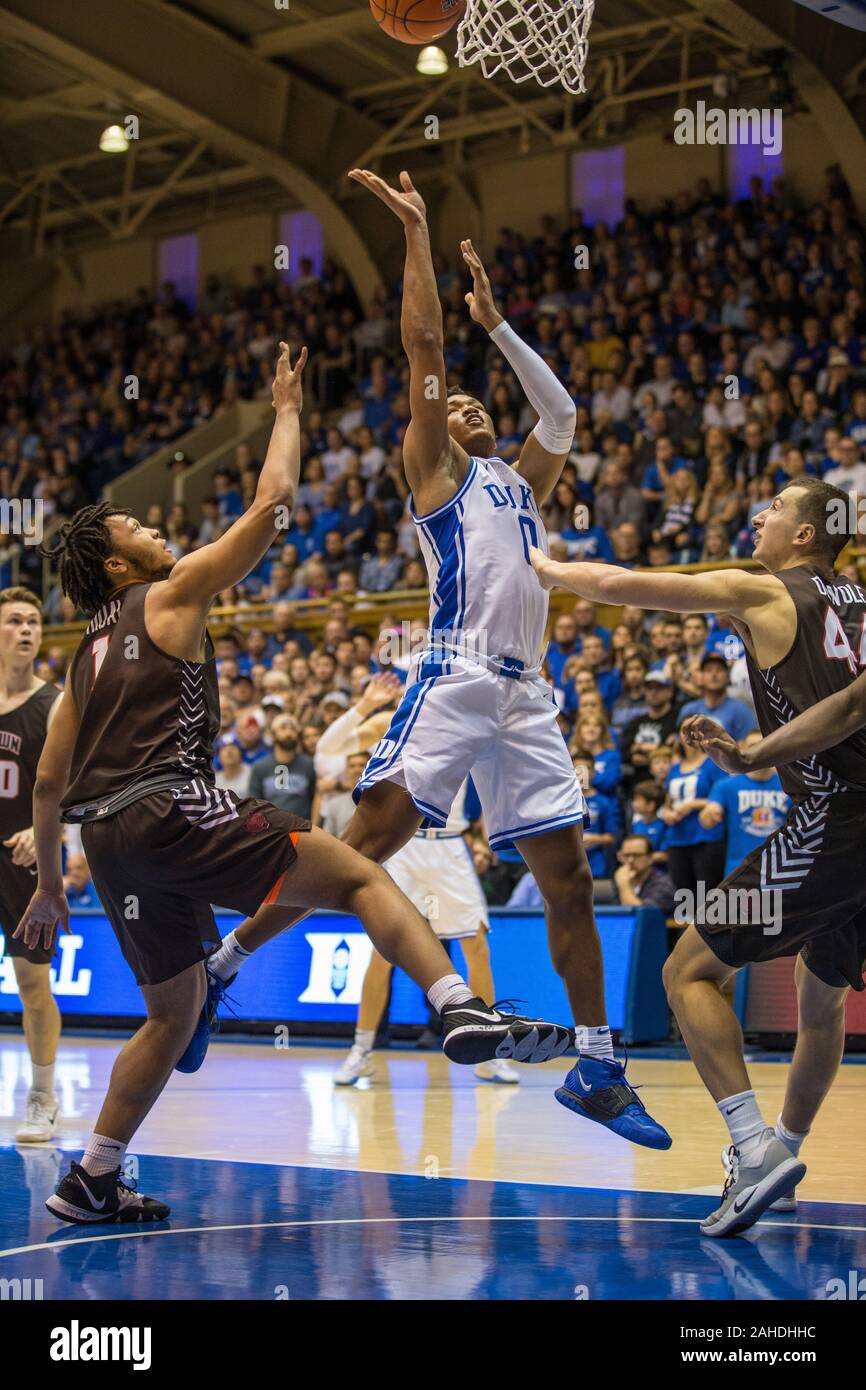 Durham, NC, USA. 28th Dec 2019. Duke Blue Devils forward Wendell Moore Jr. (0) goes up for a layup during NCAA basketball action between the Brown Bears and the Duke University Blue Devils at Cameron Indoor Stadium Durham, NC. Jonathan Huff/CSM. Credit: Cal Sport Media/Alamy Live News Stock Photo
