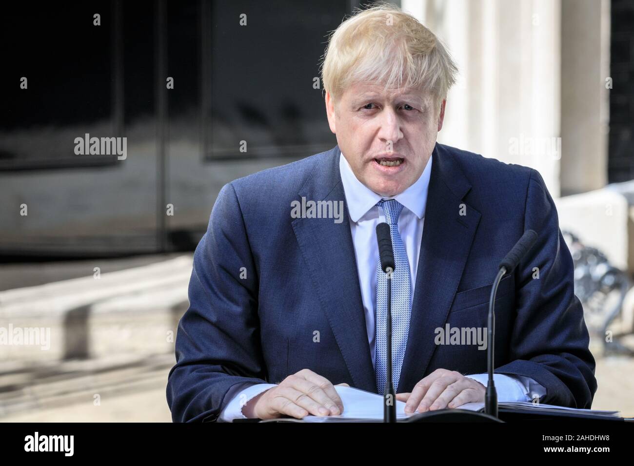 New Prime Minister Boris Johnson makes his first speech as PM outside No 10 Downing Street, Westminster, London, UK Stock Photo