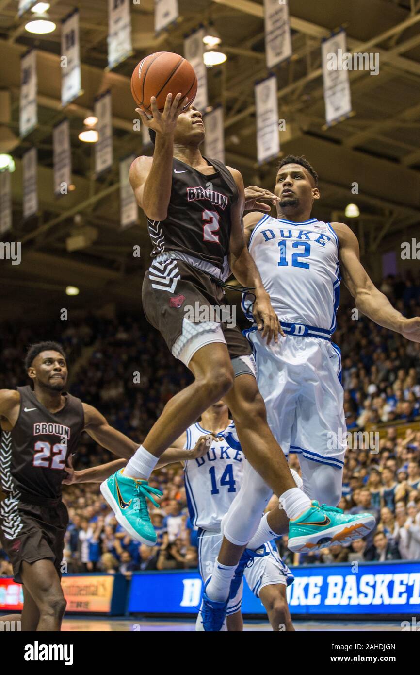 Durham, NC, USA. 28th Dec 2019. Brown Bears guard Brandon Anderson (2)  shoots a layup during