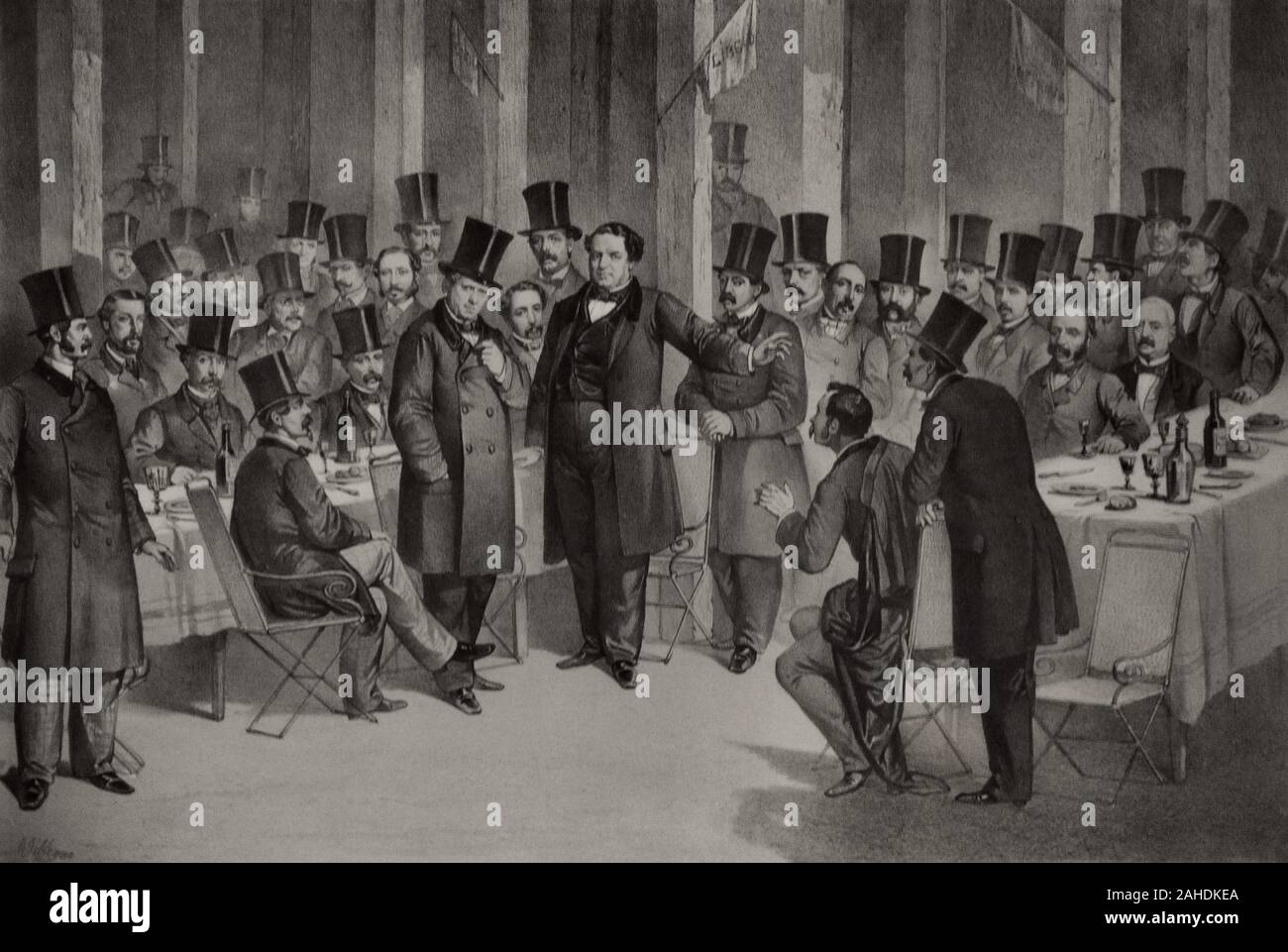 Banquet held by the Progressives on 20th December, 1863. Lithography, by Jose Villegas (1840-1865), ca. 1863. Museum of Romanticism. Madrid. Spain. Stock Photo