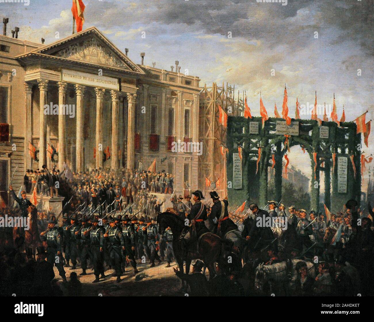 Painting attributed to Joaquin Siguenza Chavarrieta (1825-1902). Spanish painter. Military parade in front of the Congress of the Deputies on the occassion of the victory of the Glorious Revolution, ca. 1868-1872. Museum of Romanticism. Madrid. Spain. Stock Photo