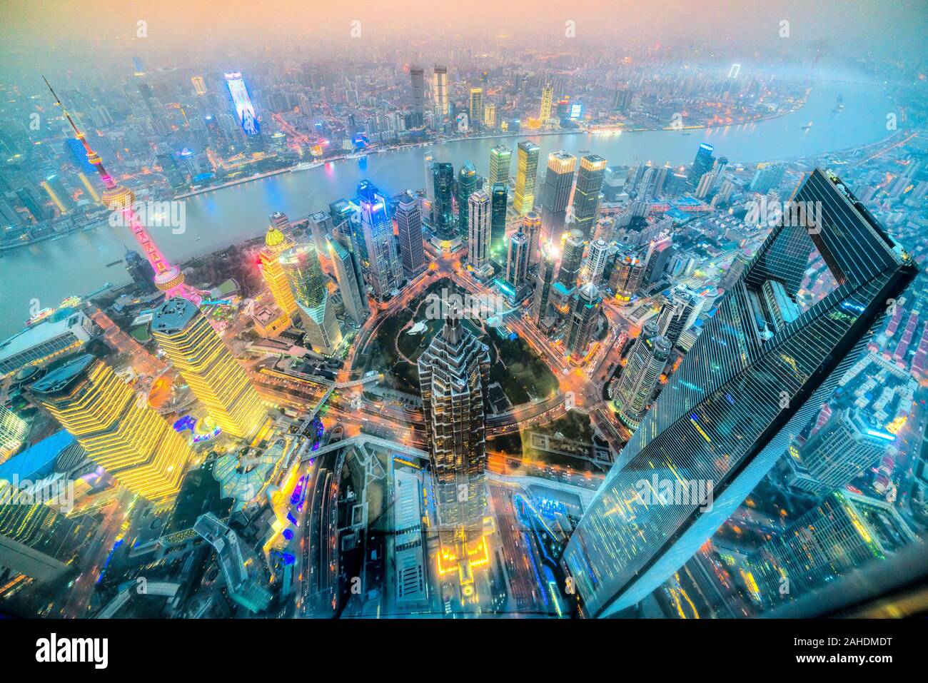 Shanghai City Skyline Aerial View Of The Skyscrapers Of Pudong And Huangpu River Shanghai China Stock Photo Alamy
