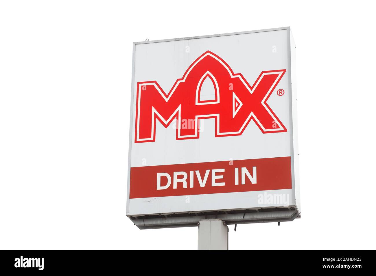 Solna, Sweden - December 23, 2019: Close-up ofthe sign outside the Max hamburgers restaurant located at the Huvudstavagen. Stock Photo