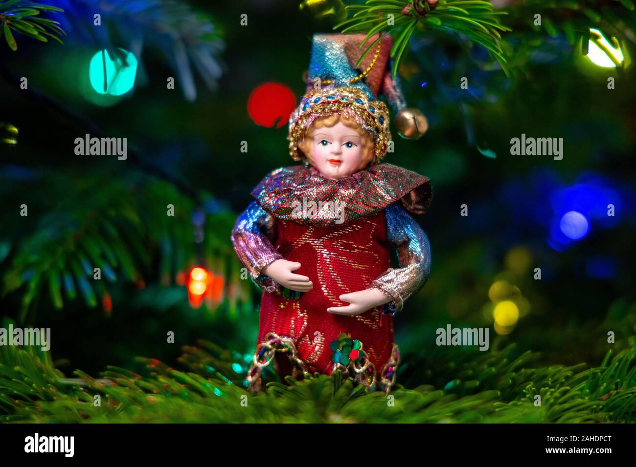 Vintage toys on a Christmas tree close-up, holiday traditions. Small depth of field Stock Photo