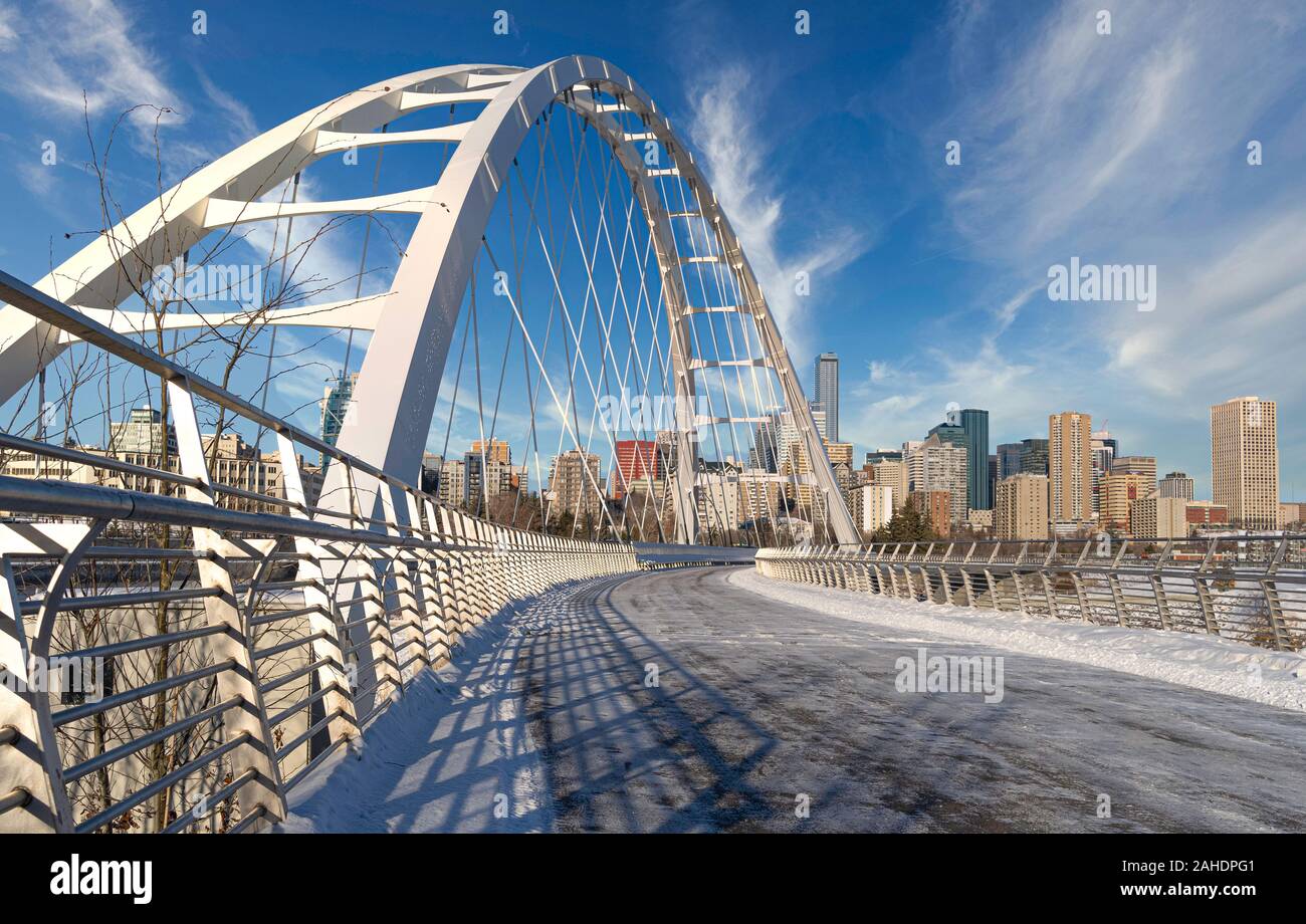 Panoramic view of Walterdale suspension bridge and downtown skyline in Edmonton, Alberta, Canada