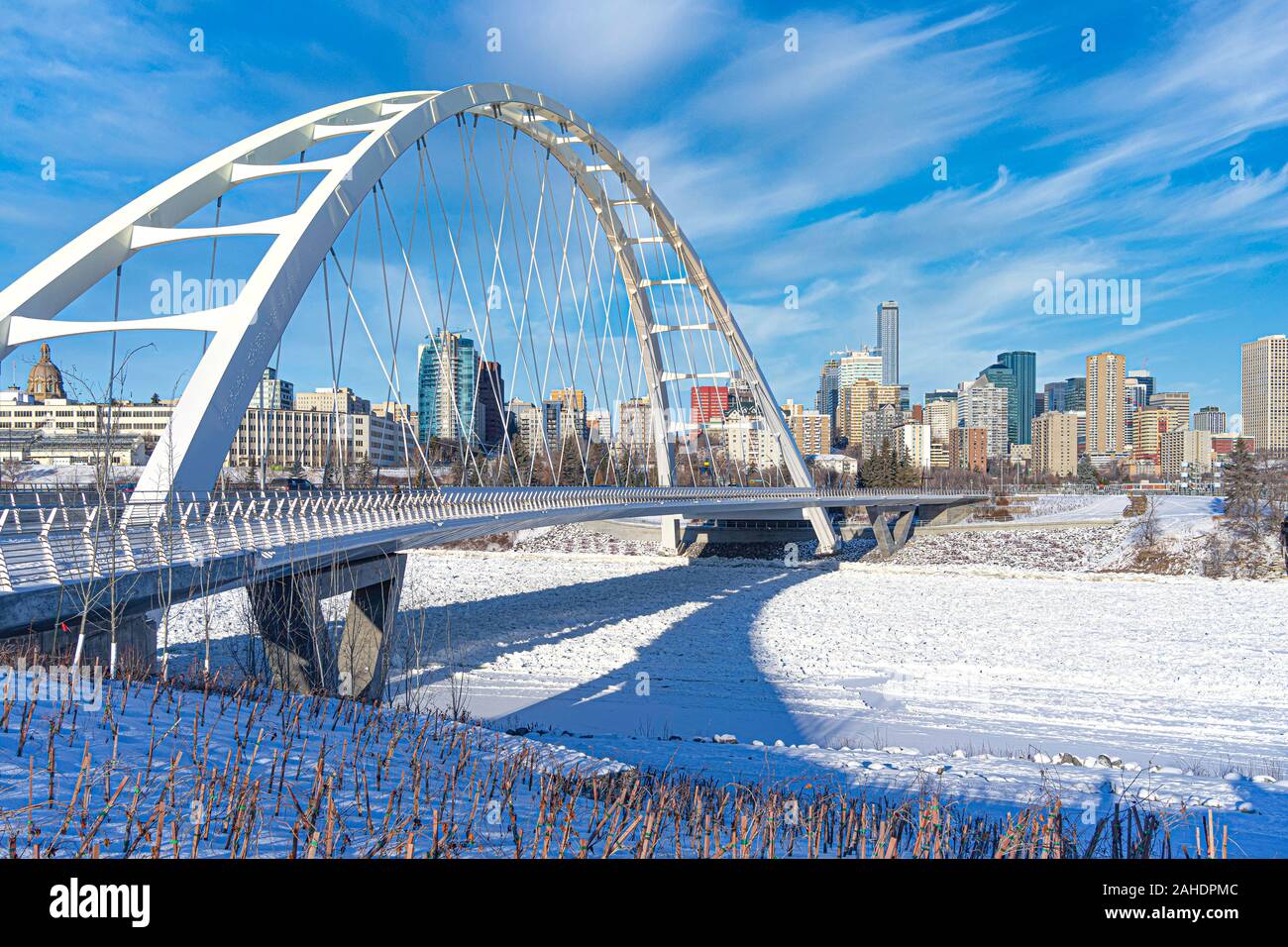 Panoramic view of Walterdale suspension bridge and downtown skyline in Edmonton, Alberta, Canada