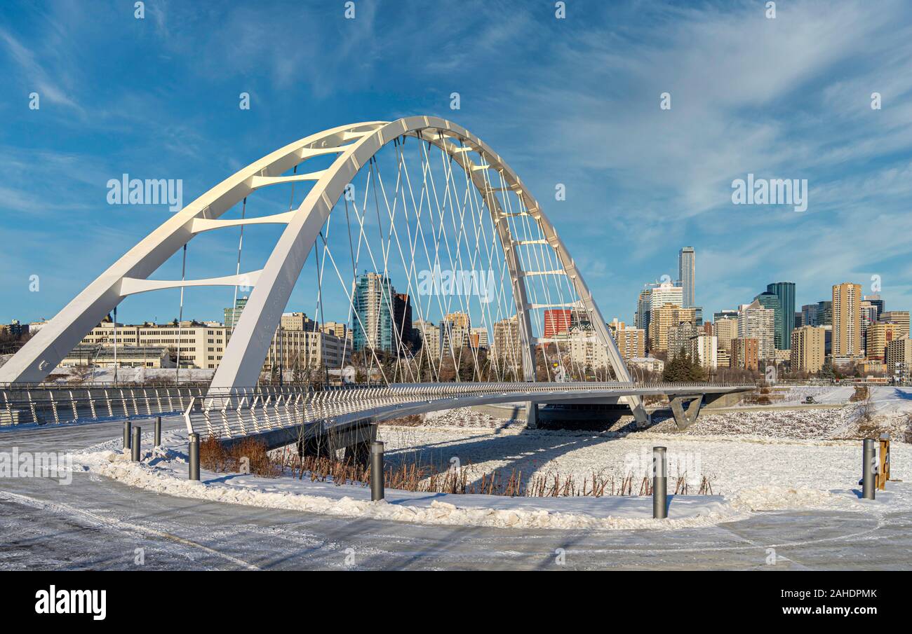 Panoramic view of Walterdale suspension bridge and downtown skyline in Edmonton, Alberta, Canada