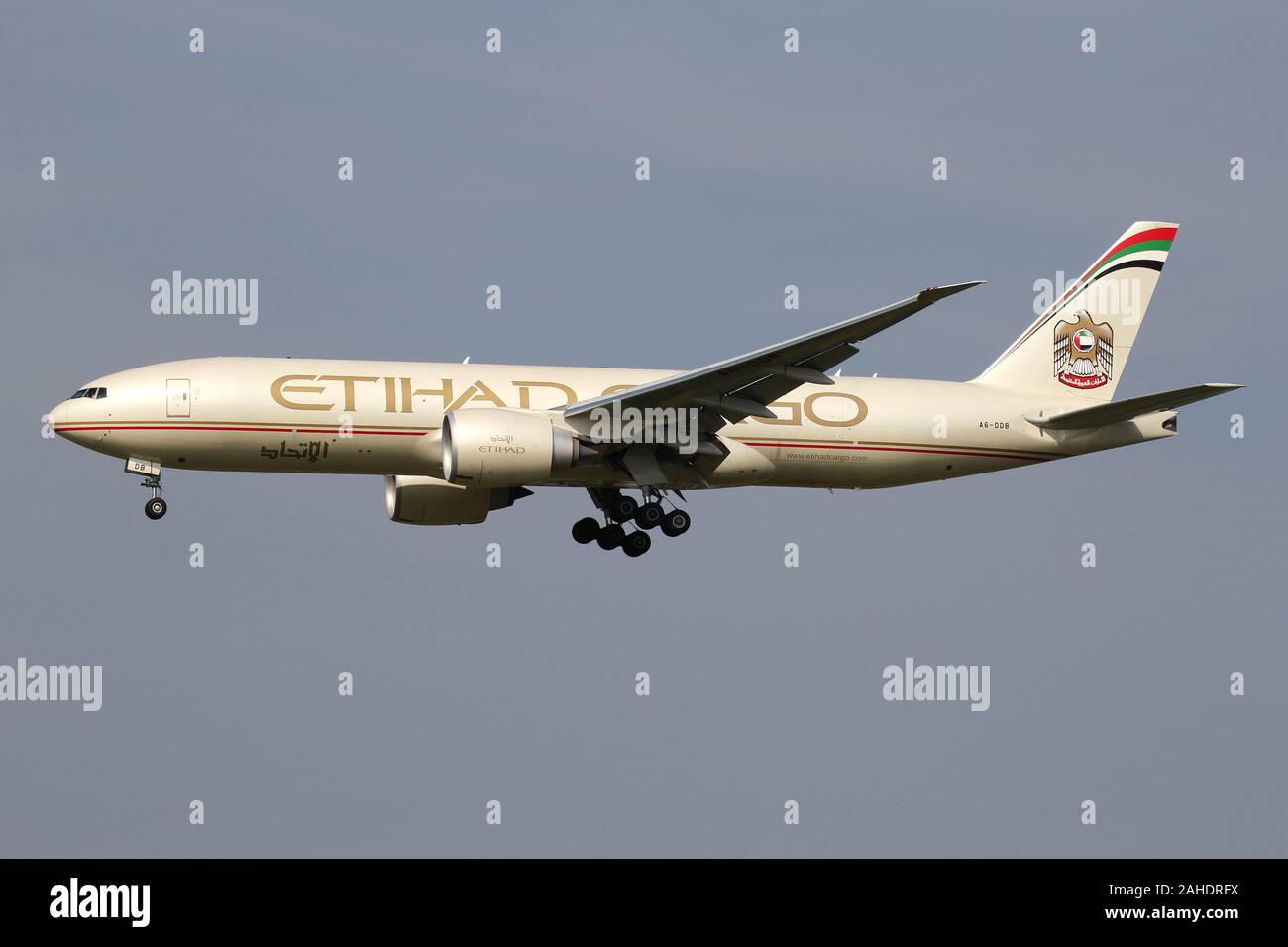 Etihad Cargo Boeing 777F with registration A6-DDB on short final for runway 18C of Amsterdam Airport Schiphol. Stock Photo