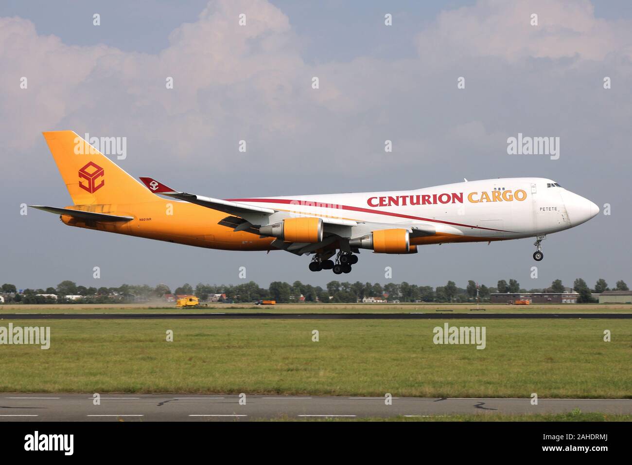 Centurion Cargo Boeing 747-400F with registration N901AR on short final for runway 18R (Polderbaan) of Amsterdam Airport Schiphol. Stock Photo