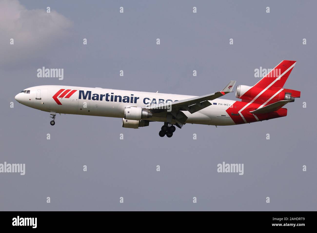 Dutch Martinair Cargo McDonnell Douglas MD-11F with registration PH-MCY on short final for runway 18C of Amsterdam Airport Schiphol. Stock Photo