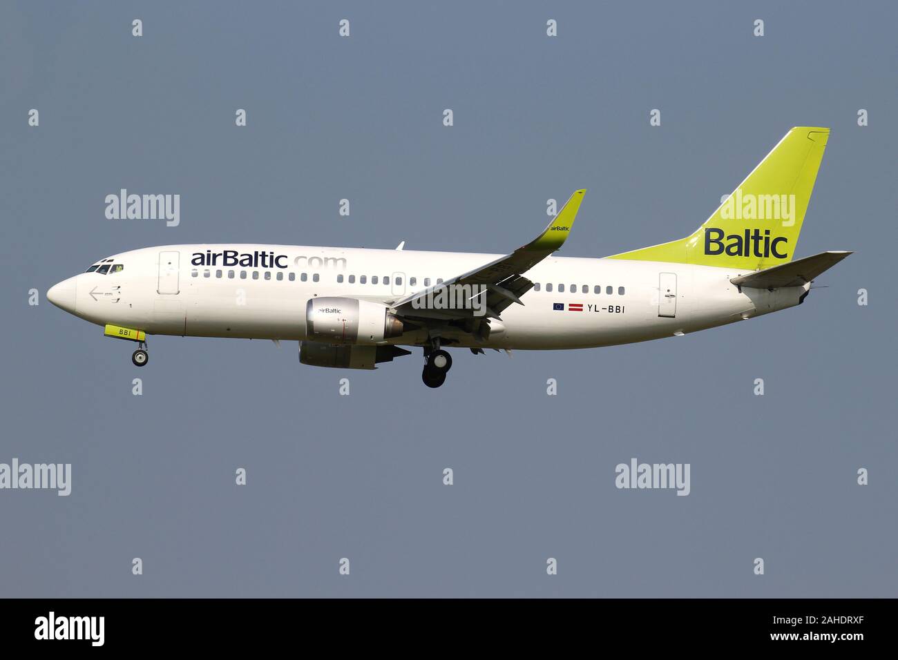 Latvian airBaltic Boeing 737-300 with registration YL-BBI on short final for runway 18C of Amsterdam Airport Schiphol. Stock Photo