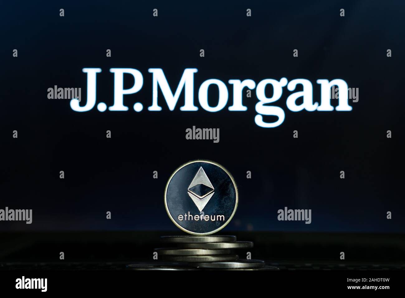 Ethereum coins with logo on a laptop screen. Slovenia