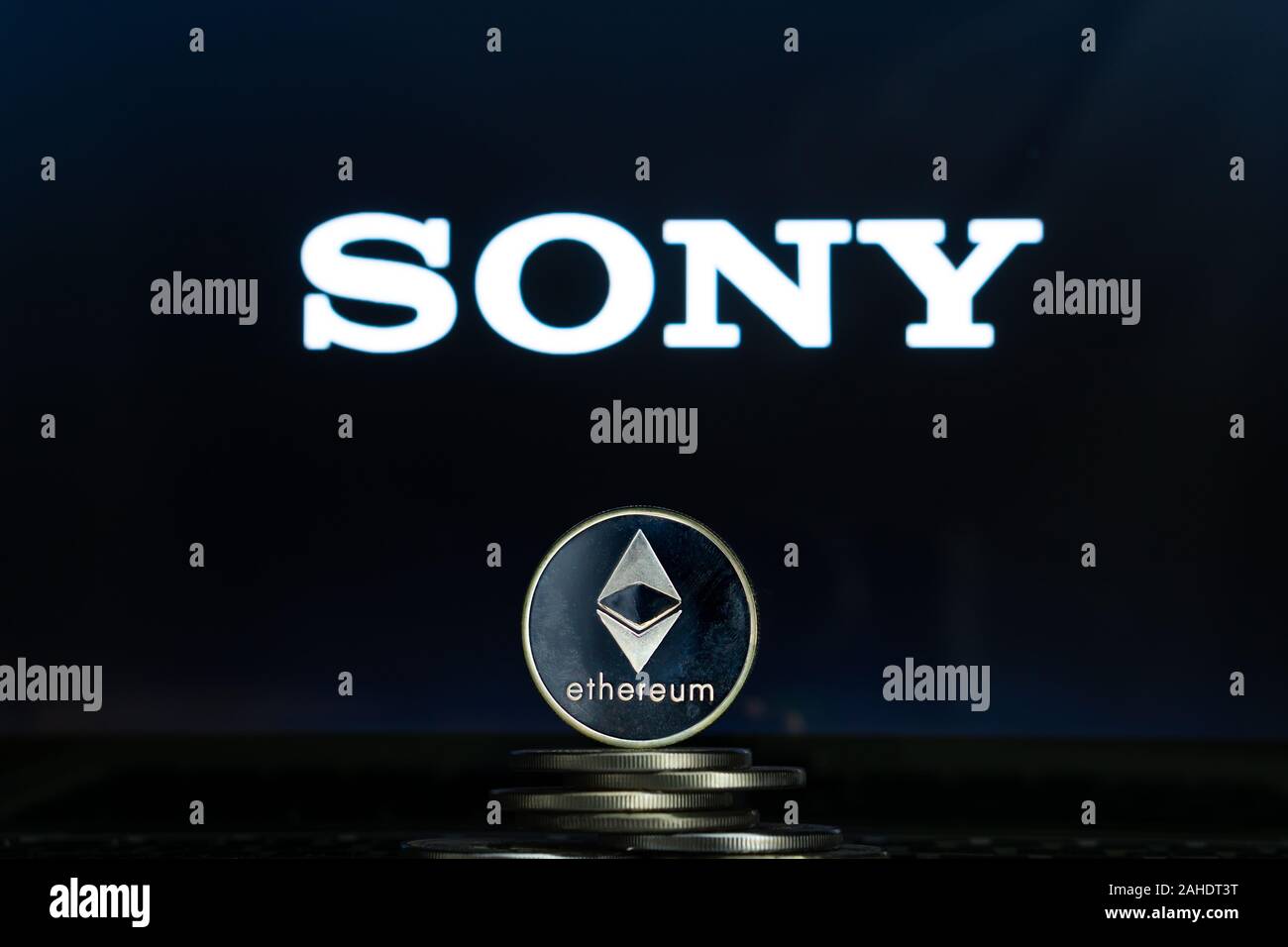 Ethereum coins with Sony logo on a laptop screen. Slovenia, Ljubljana - 02 24 2019 Stock Photo