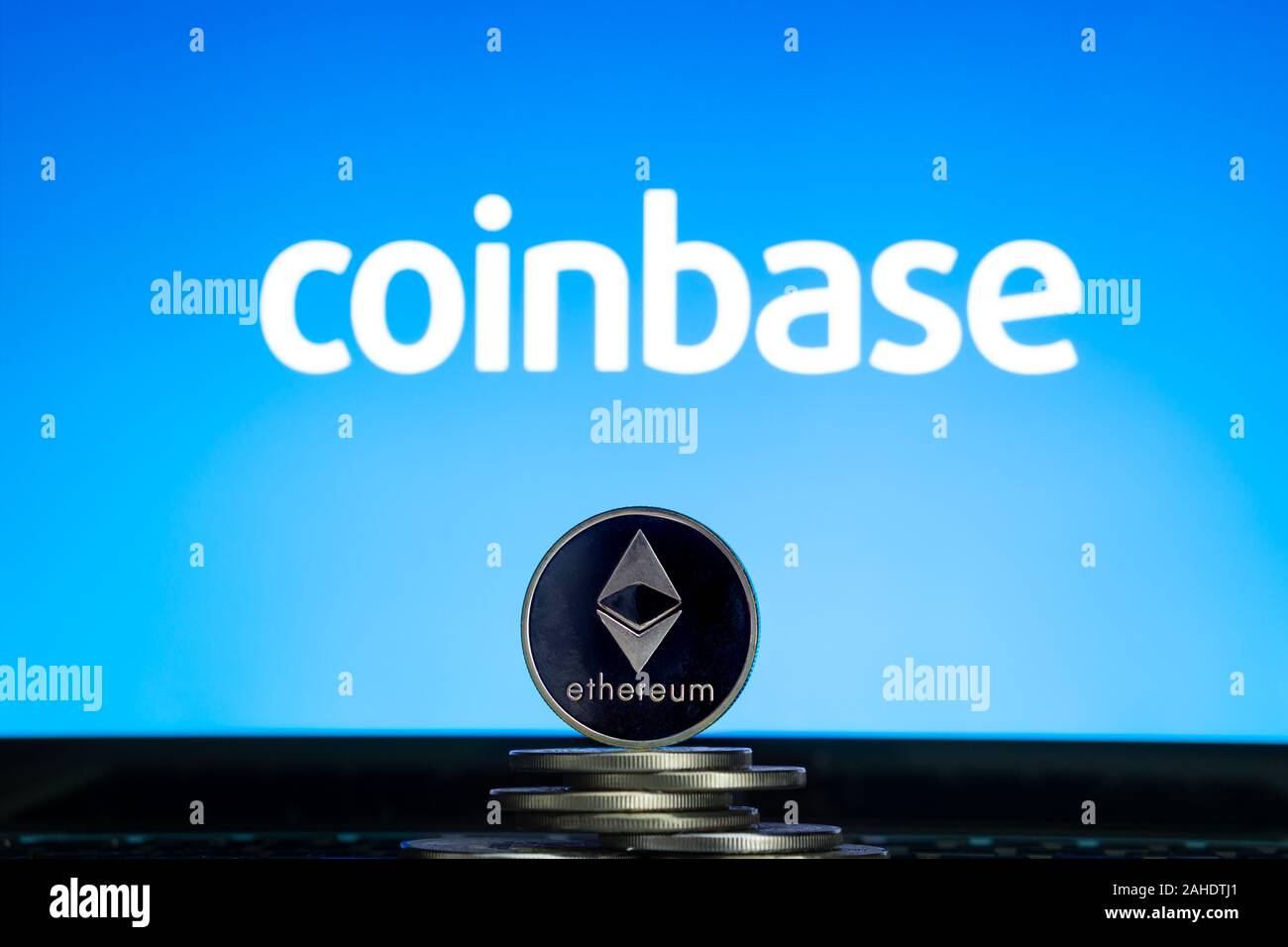 Ethereum coins with Coinbase logo on a laptop screen. Slovenia, Ljubljana - 02 24 2019 Stock Photo