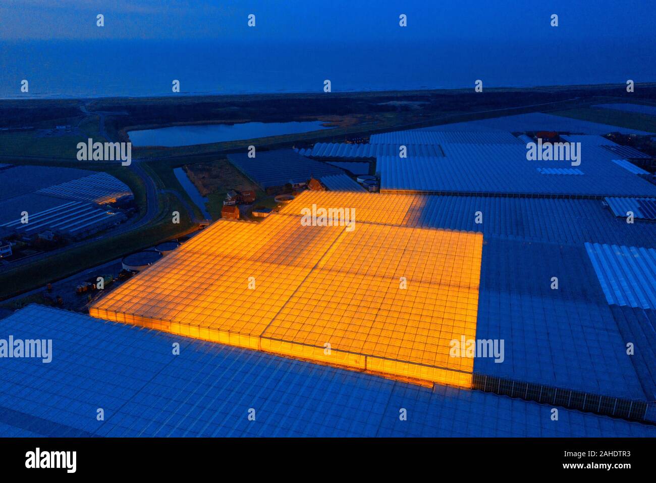 Luchtfoto van de kassen in het Westland 'De Glazen Stad' bij nacht Stock  Photo - Alamy